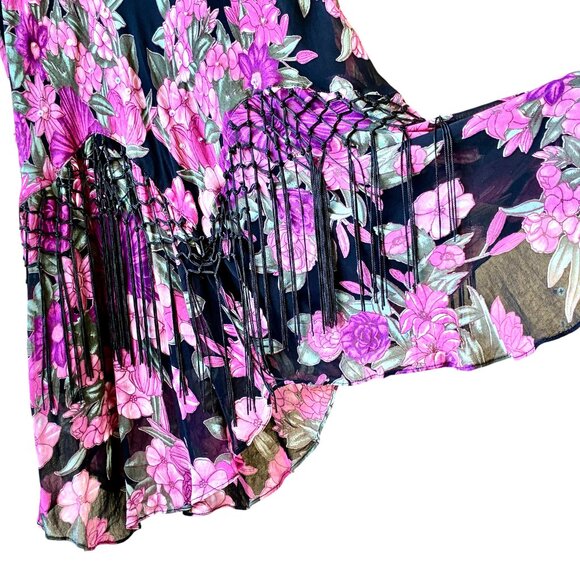 Dress Barn Vtg 90s Floral Lined Skirt with Fringe and Sequins and Beads - Picture 6 of 13